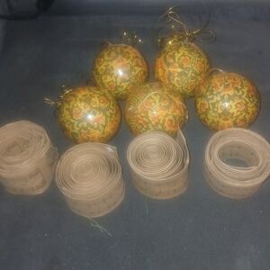 Lot of Vintage Christmas iOrnaments 5 Floral Paper Machae& 4 Rolls of Ribbon